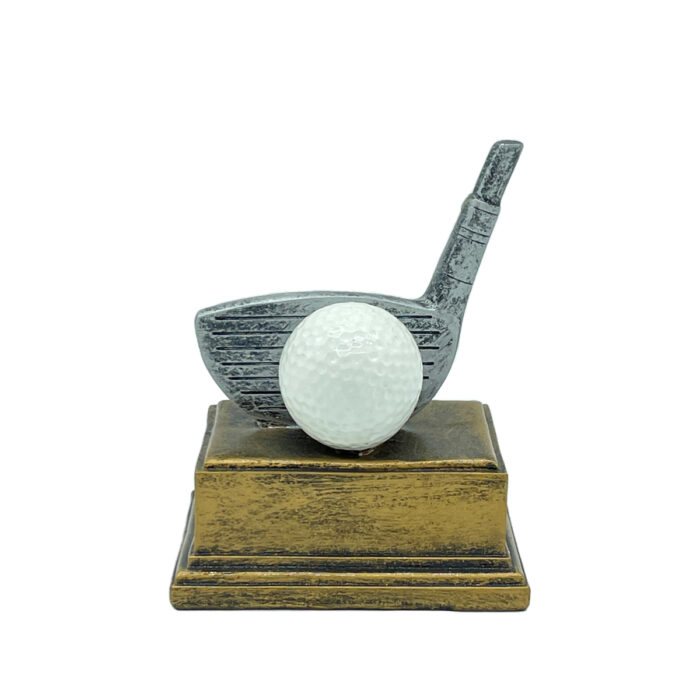 Golf-tematiserad sporttrofé 'Golf 108-D', detaljrik design med golfklubbor och bollar.