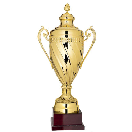 Pokal i Europa-stil i guld, eleganta detaljer och design som representerar europeisk fotboll.