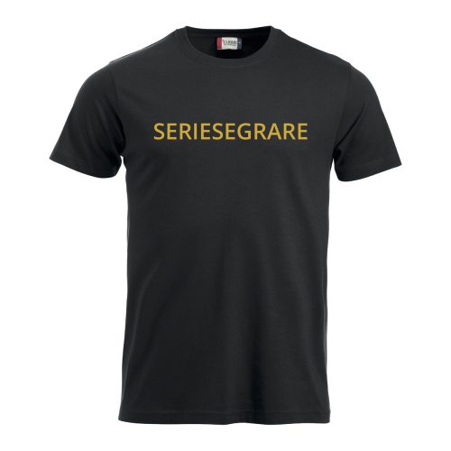 svart t-shirt med tryckt seriesegrare i guld