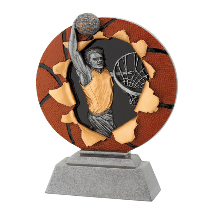 Basket-tematiserad sporttrofé, detaljrik design med basketboll och nätkorg.