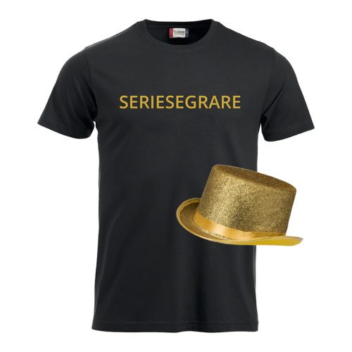 Svart t-shirt med tryckt seriesegrare i guld och guldhatt