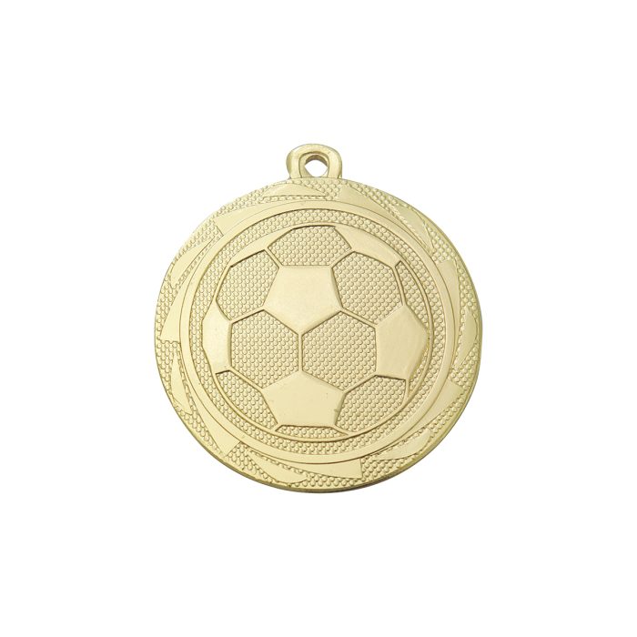 Präglad fotbollsmedalj i guld. 45 mm diameter.