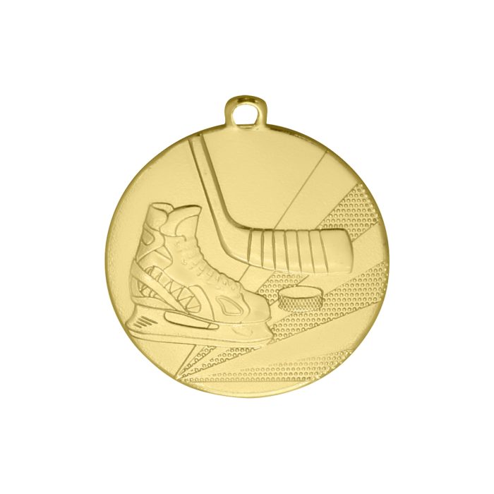 Präglad ishockey medalj i guld. Motiv av klubba och skridsko