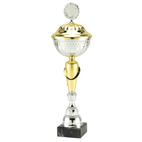 Pokal i guld- och silverfärg men lock, med svart marmorsockel.